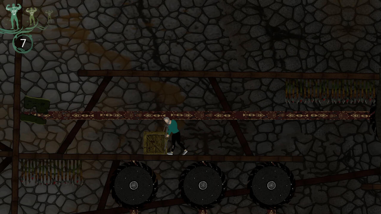 An image for the hero dragging a box in a cave landscape.