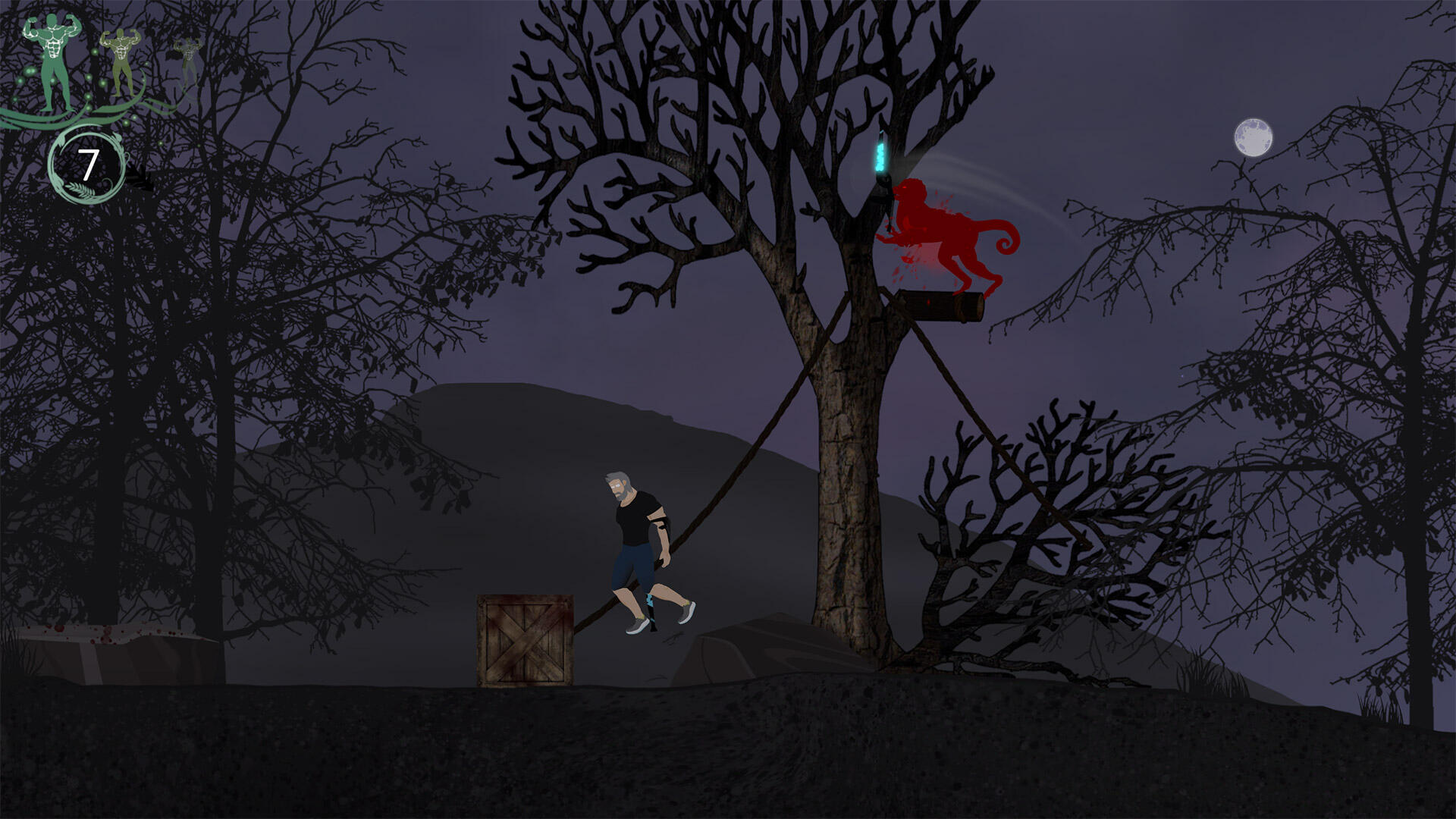 An image for the hero attacking an enemy with his ranged crutch while jumping.