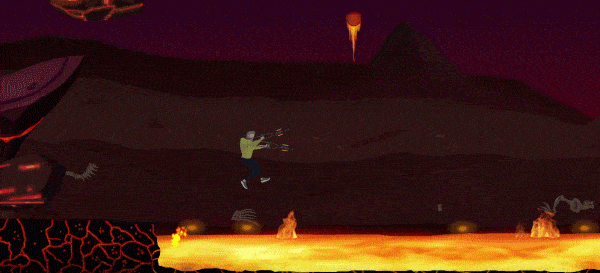 A GIF for the hero jumping on barrels in a fire landscape while dodging some fire balls.