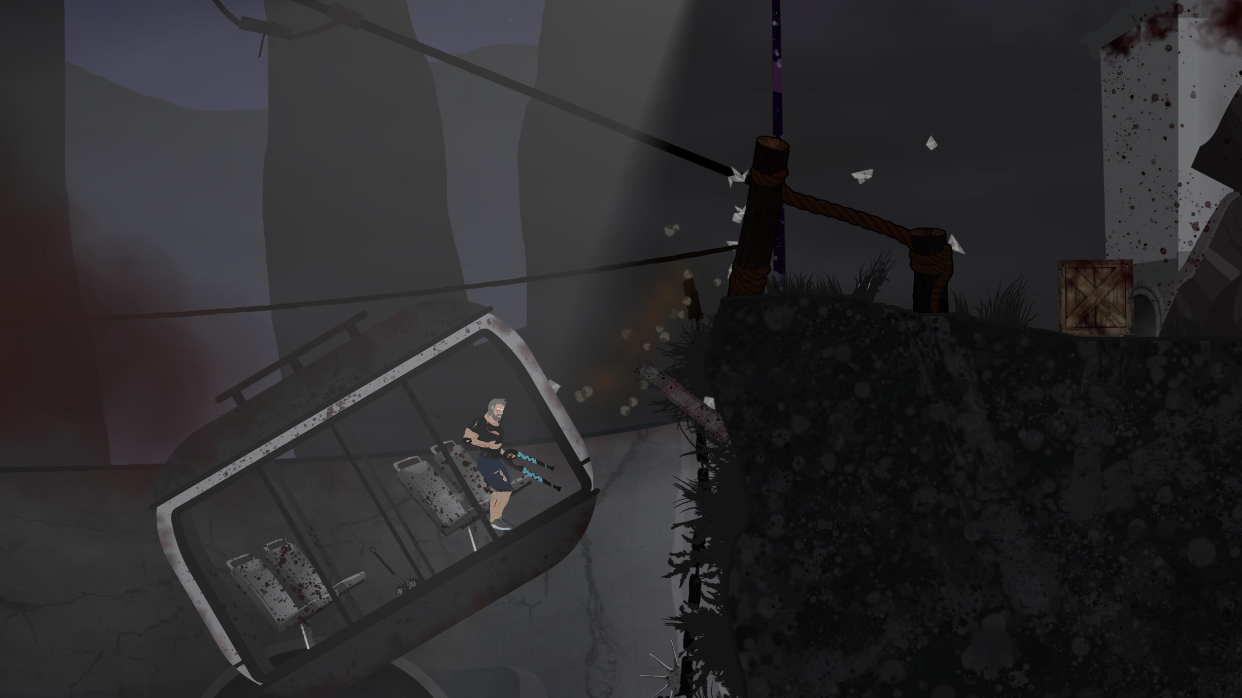 An image for the hero struggles as he walks on a broken cable car after a crash.