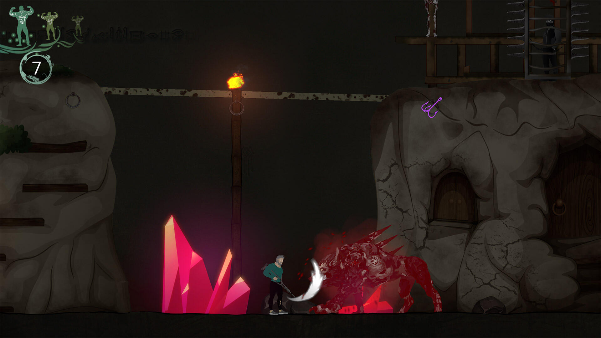 An image for the hero fighting a beast in a cave.