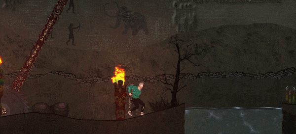 A GIF for the hero using the grappling gun from his crutch swinging above some traps.